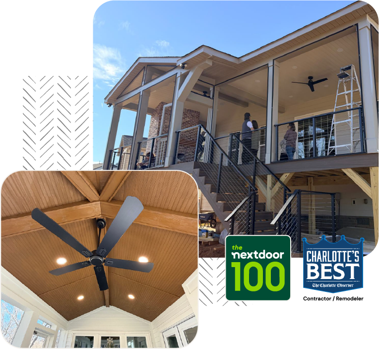 Collage of images that includes project examples and two awards for Two Chicks Homes