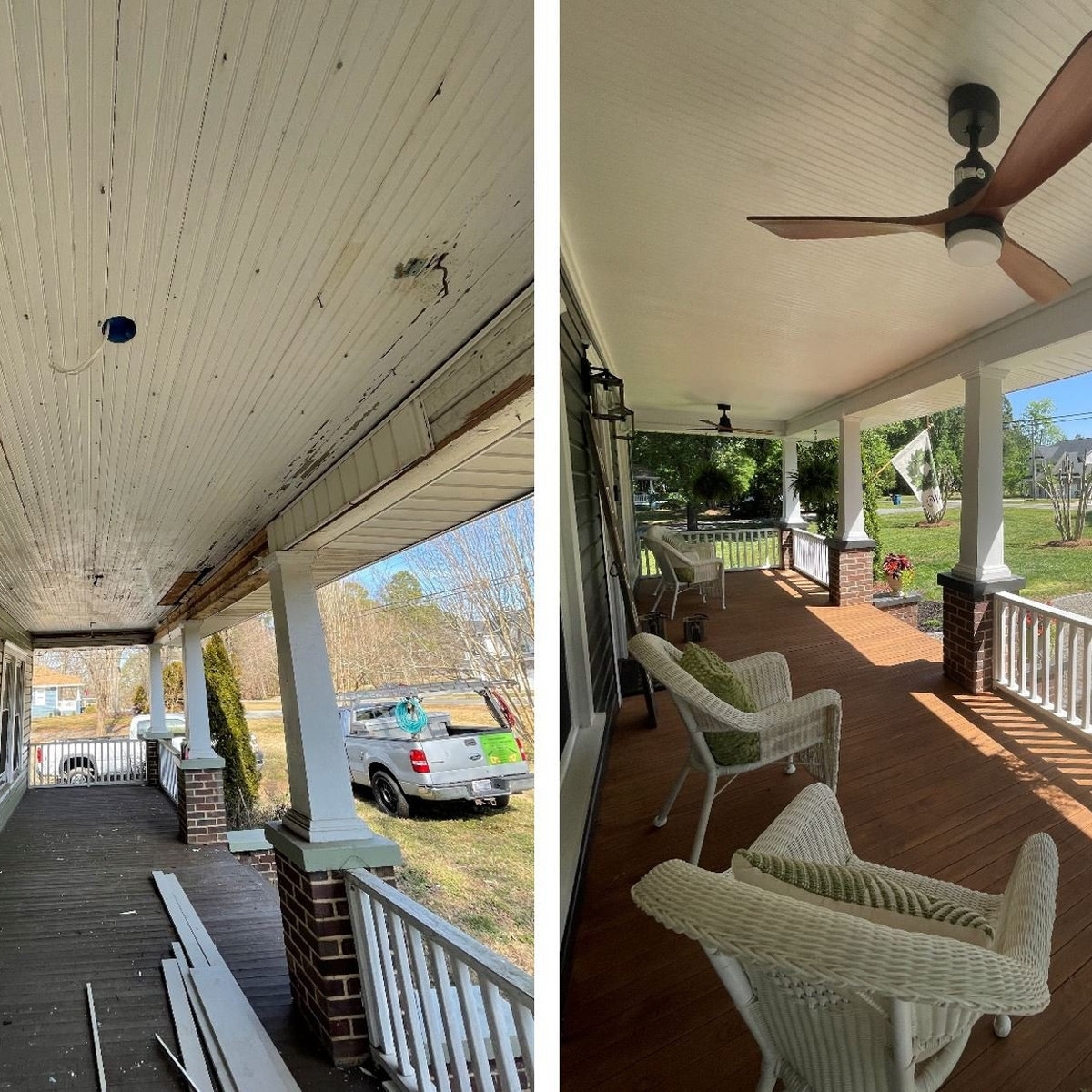 porch renovation near huntersville, nc shows fresh paint, flooring, and ceiling fans