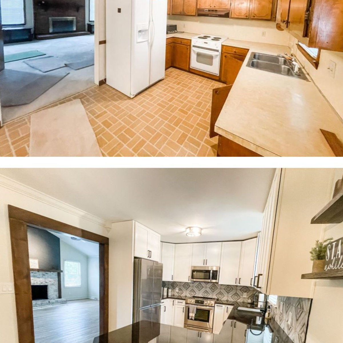 kitchen renovation before and after. top shows oak cabinets and laminate flooring and counters, bottom shows hardwood floors, stone counters, and white cabinetry.