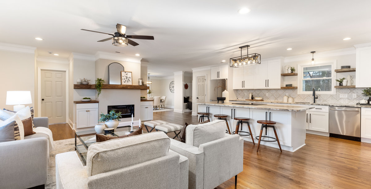 renovated living room open to kitchen