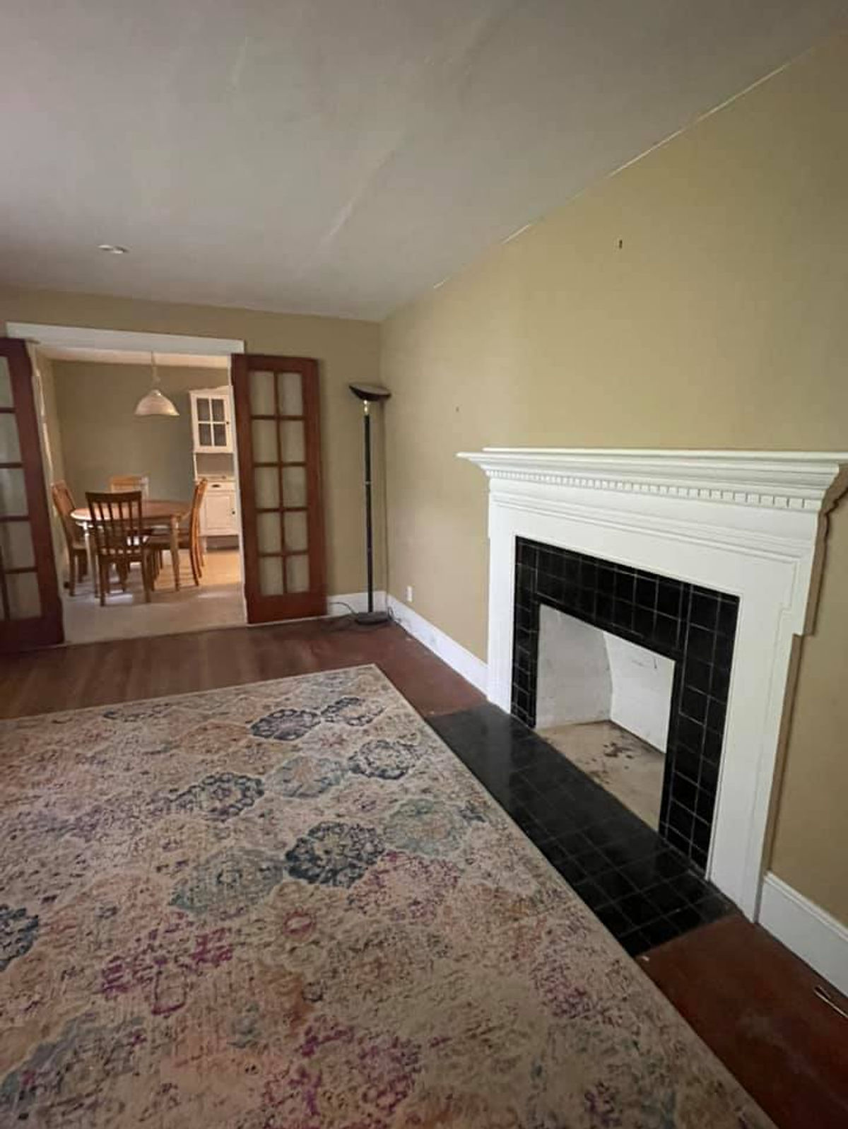living room with tan walls, hardwood floors, and boho rug