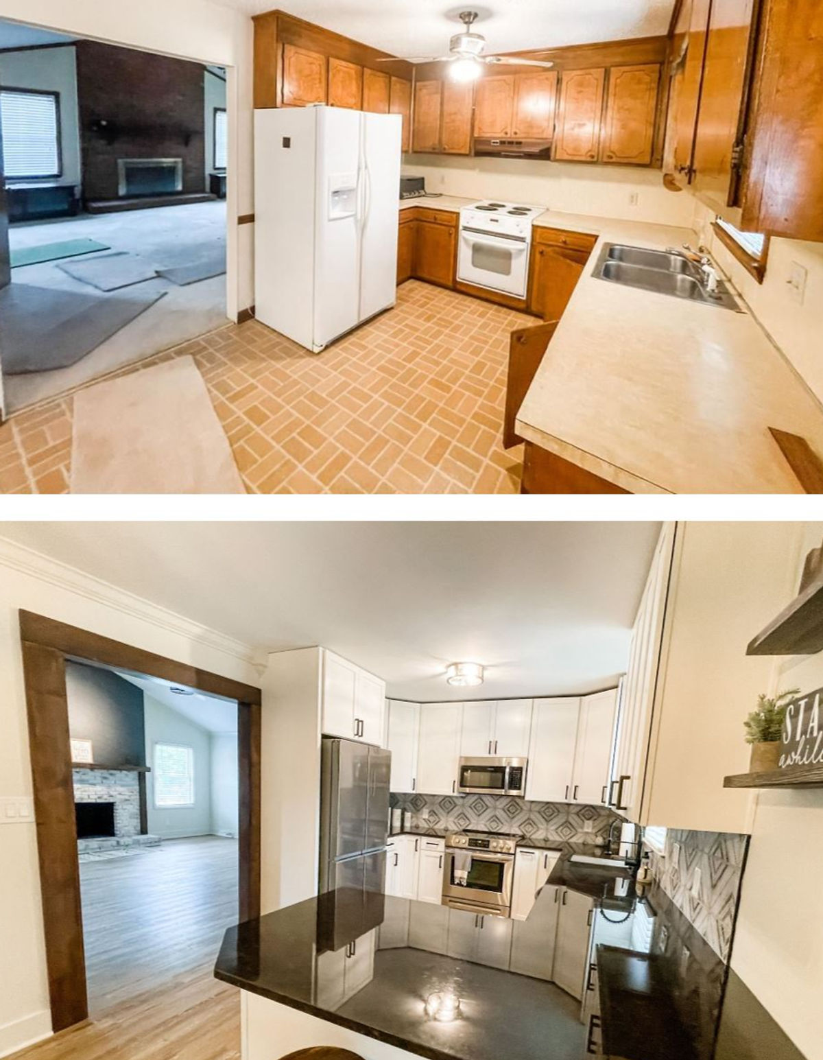 dated kitchen with oak cabinets, laminate counters, and linoleum flooring. bottom photo shows renovated kitchen with tile backsplash and white cabinetry