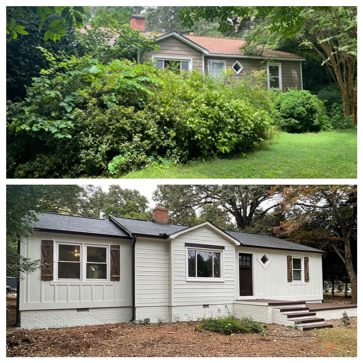 front exterior renovation. Before shows peach paint and overgrown shrubbery. After shows cleared landscaping and fresh white paint