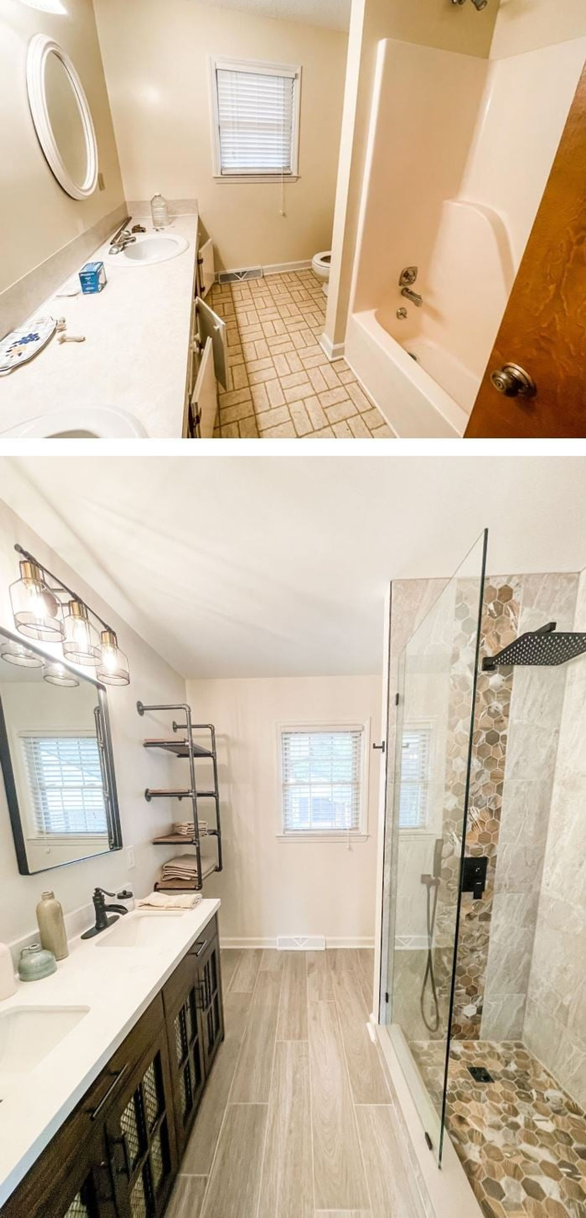 dated bathroom on top with plastic tub insert, linoleum flooring, and laminate counters. bottom photo shows renovation with tiled shower, and fresh white paint