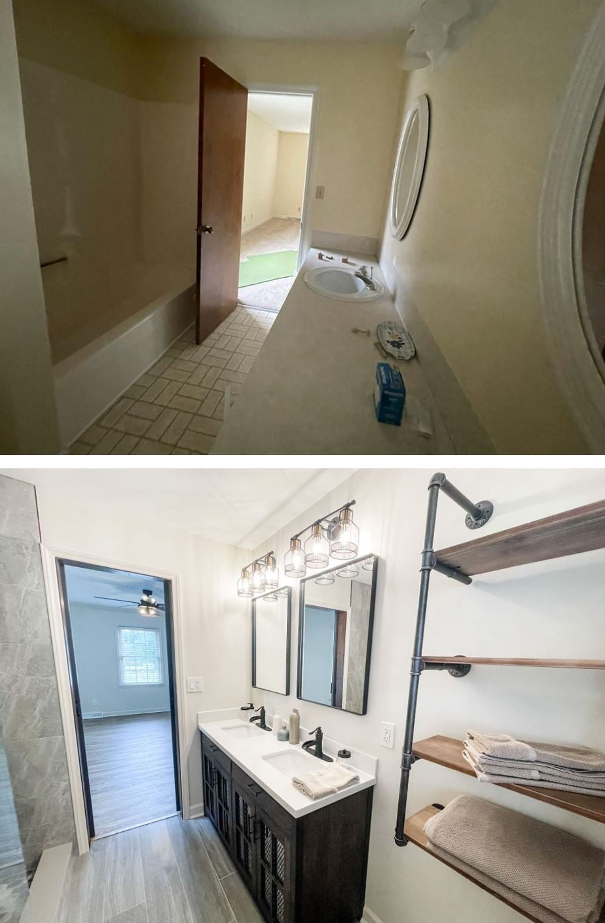 dated bathroom with laminate counters and linoleum flooring. bottom photo shows renovated bathroom with tile floors and fresh paint