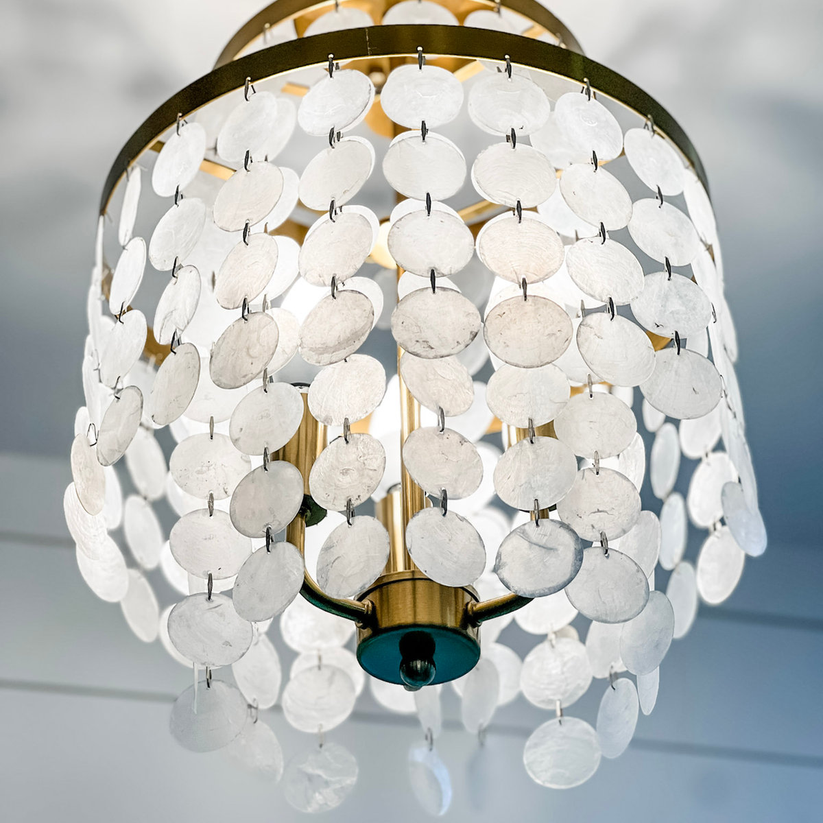 chandelier light fixture covered in white shell style pieces to diffuse the light