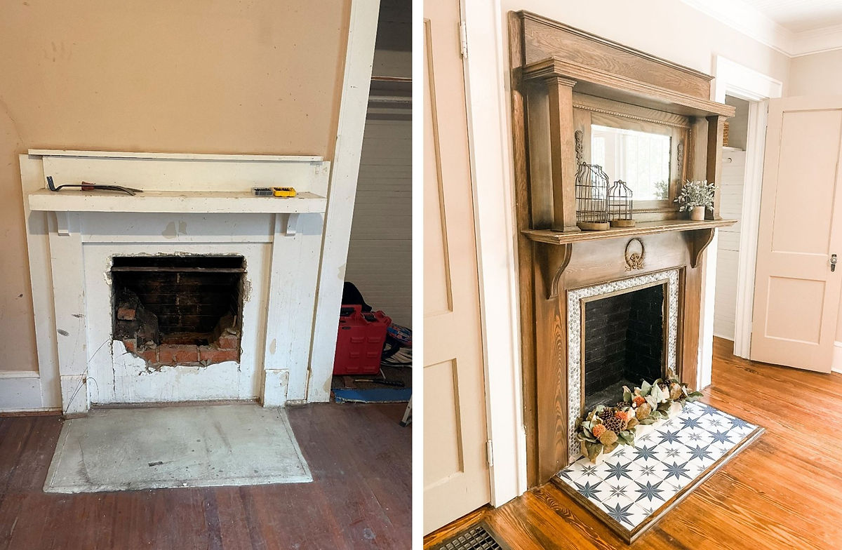 before and after fireplace renovation with woodwork and tile