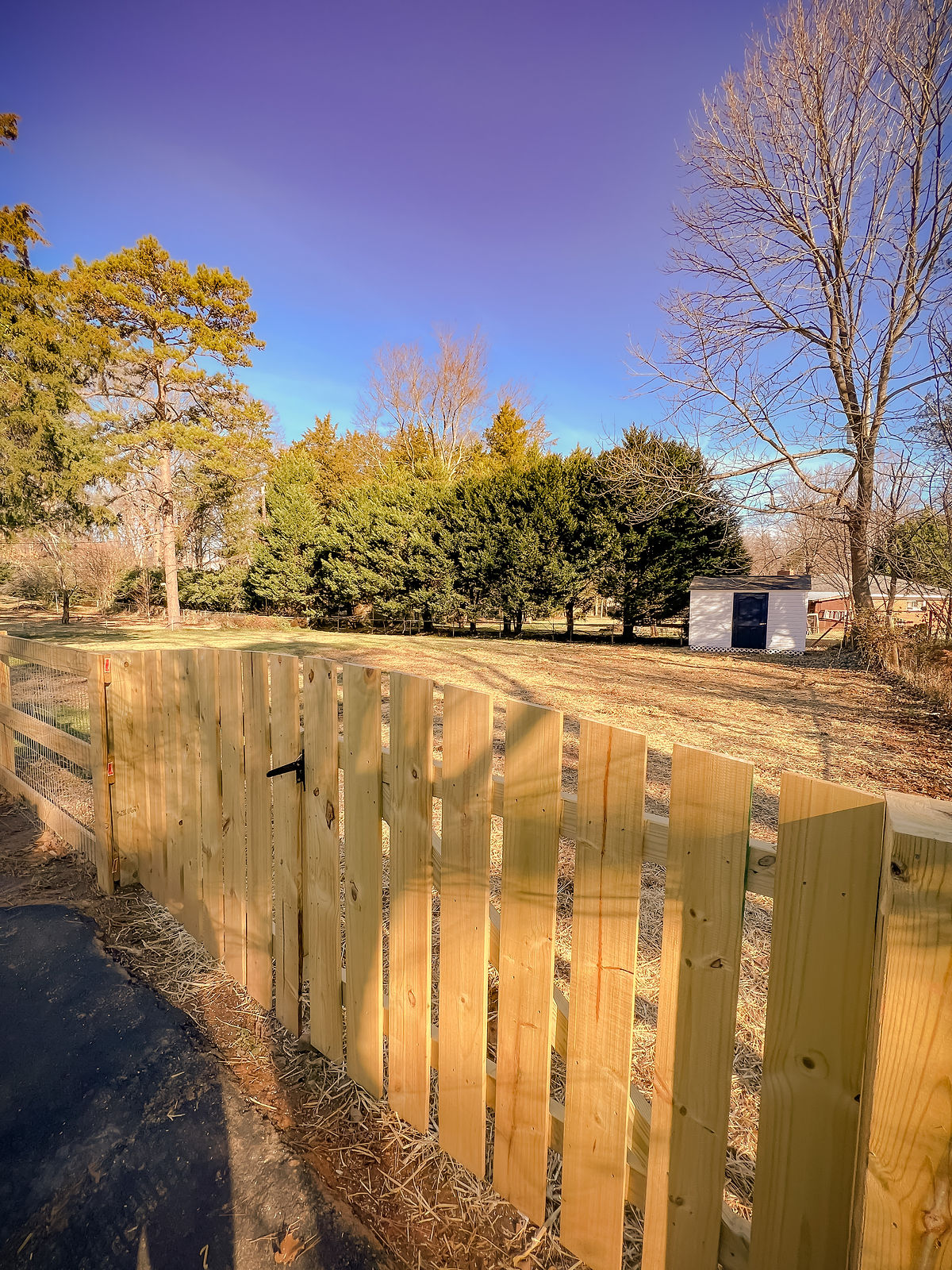 backyard with new fence and storage shed