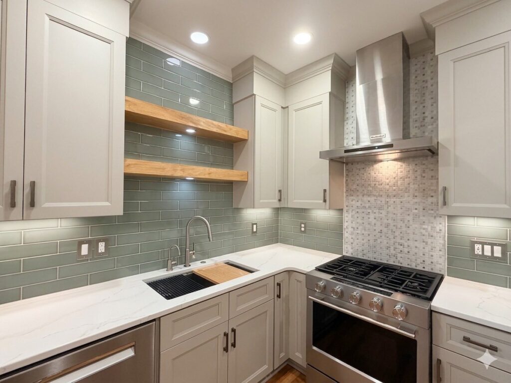 kitchen renovation near Cornelius, NC featuring a mix of open wood shelving and white closed cabinetry with subway glass tile backsplash and white stone counters