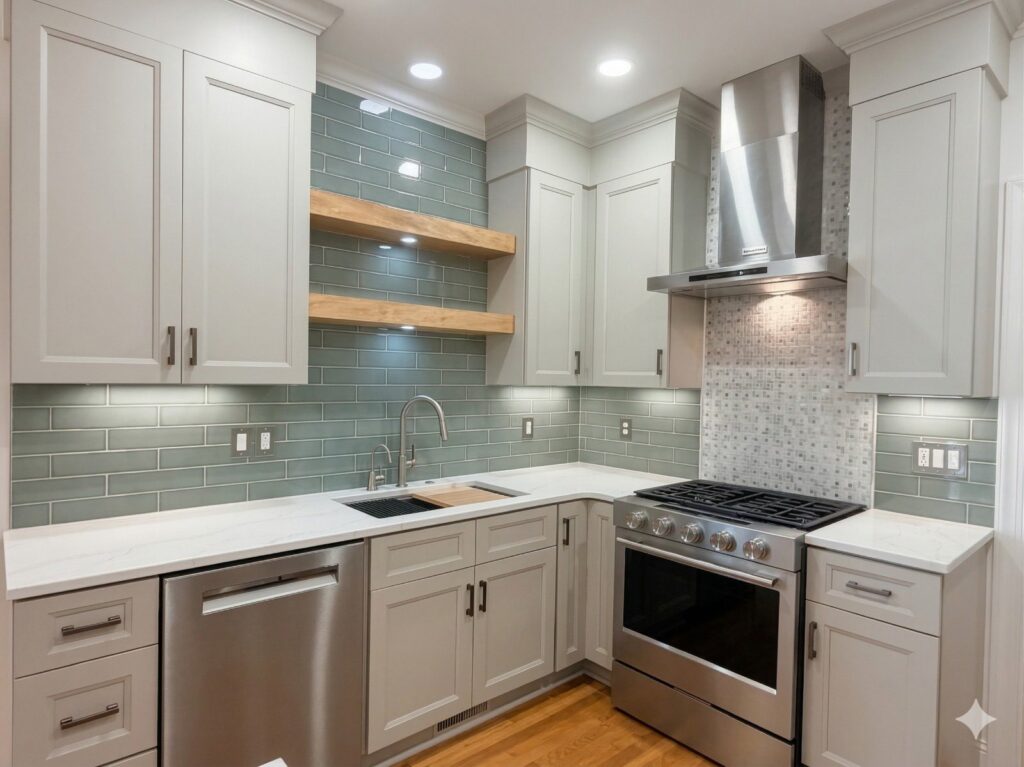 home renovation in Huntersville, NC featuring fresh kitchen with gray subway tile backsplash, white cabinetry, and stainless steel appliances