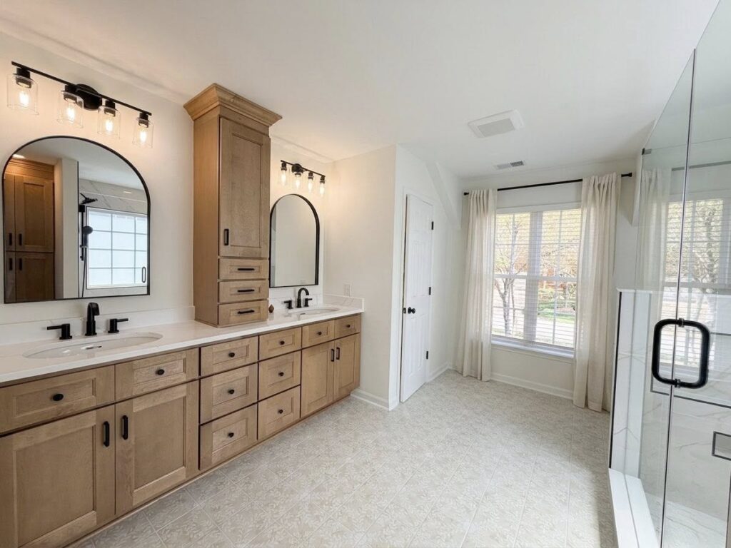 Bathroom in home renovation near Cornelius, NC features light colored decorative tile flooring, light wood vanity with marble top and black fixtures.