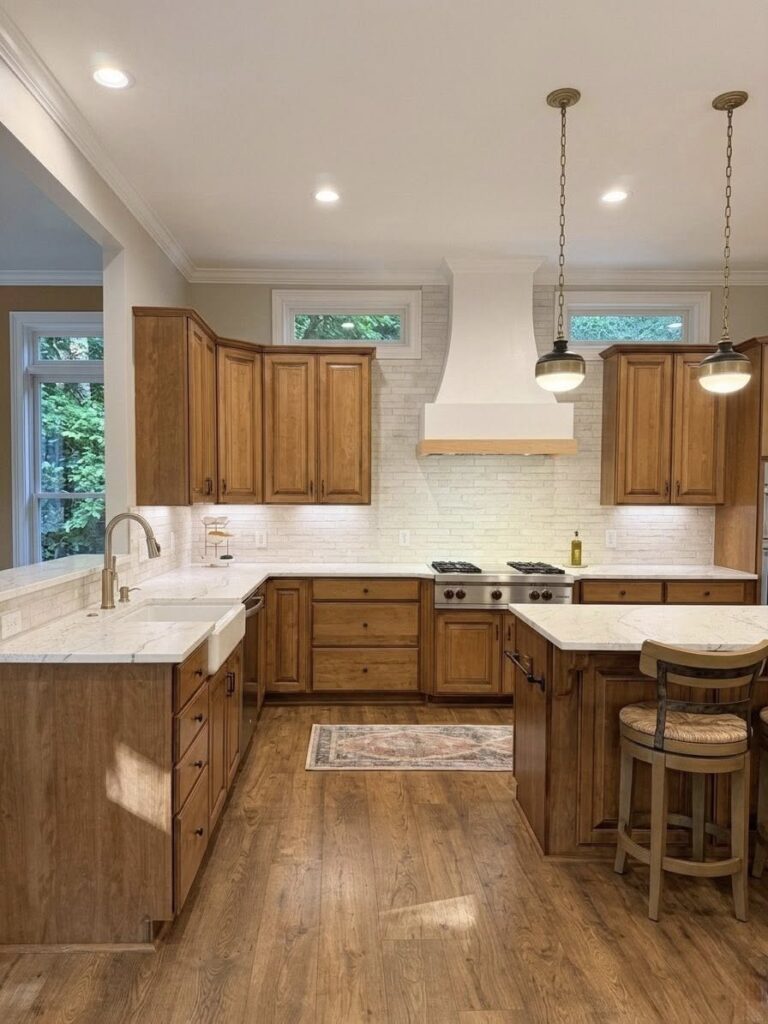 kitchen renovation near Cornelius, NC featuring warm wood closed cabinetry and wood flooring