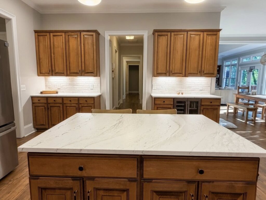 home renovation near Huntersville, NC featuring warm wooden cabinetry above white stone counters, and white brick backsplash.
