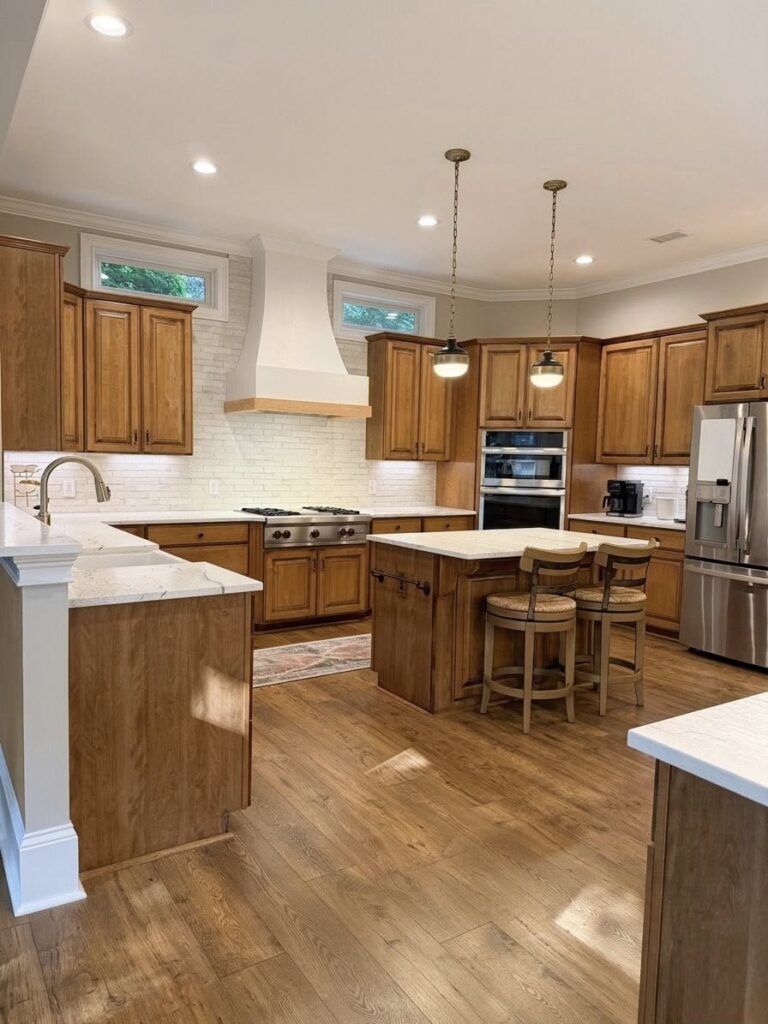 kitchen renovation featuring warm wooden floor, cabinets, and bar stools, stainless steel appliances and large white range hood.
