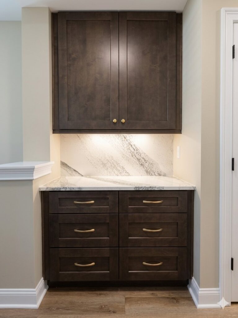 A small butler's pantry off the kitchen featuring stone counters and backsplash with dark cabinetry.