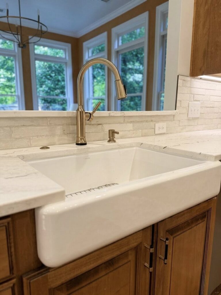 home renovation featuring quiet home design near Davidson, NC. This kitchen shows stained wood cabinetry, a white ceramic sink, and light stone counters.